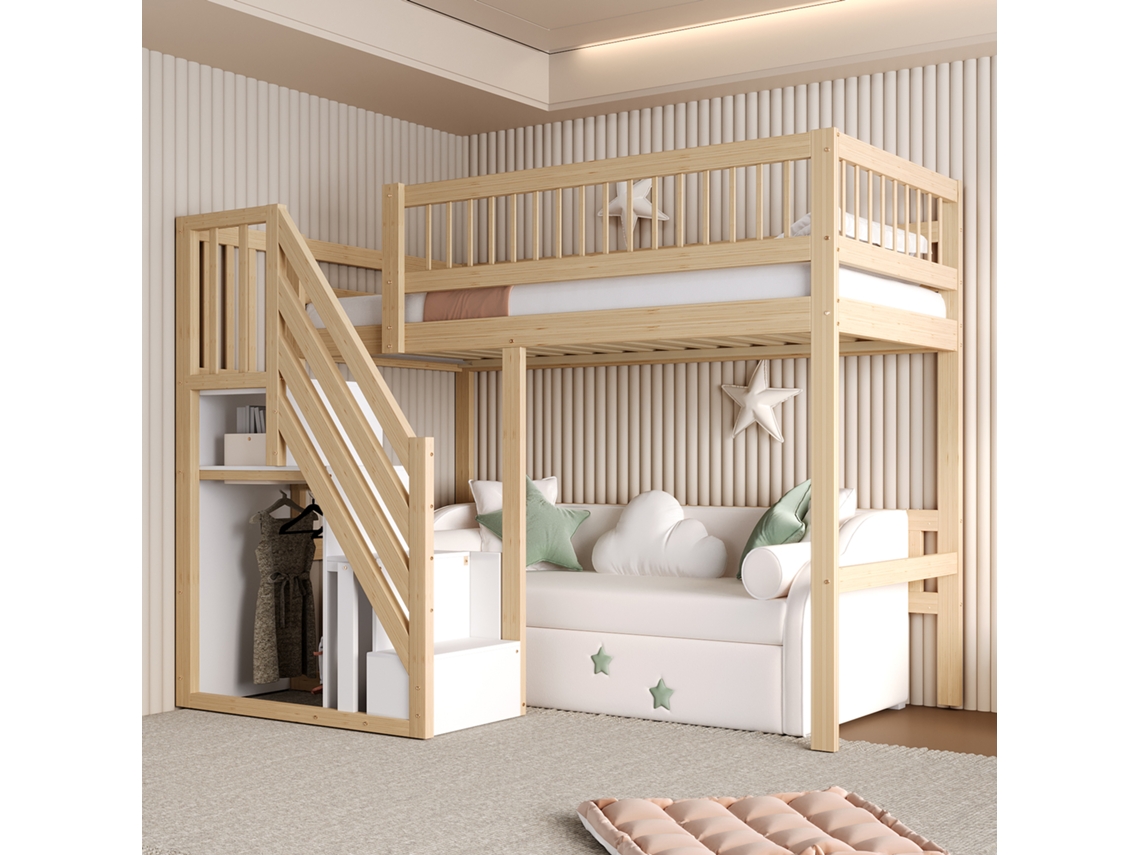 Cama Com Escadaria De Madeira Solida Uso Juvenil Pratica, Versatil E Muito Sofisticada 90x200