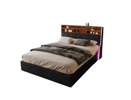 Cama Estofada 140x200cm, Cama Hidráulica Com Estrado De Ripas, Cabeceira Com Compartimento De Arrumação, Com Led E Posto De Carregamento, Preto. Mexus