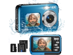 Câmara Subaquática Câmara À Prova de Água 4K Câmara Digital Compacta Portátil À Prova de Água 48 Mp com Autofoco Ecrãs Duplos para Selfies BISBISOUS