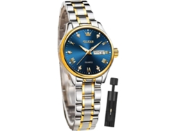 Relógio Feminino Simples de Quartzo em Ouro Rosa À Prova DÁgua com Diamanteprata Azul