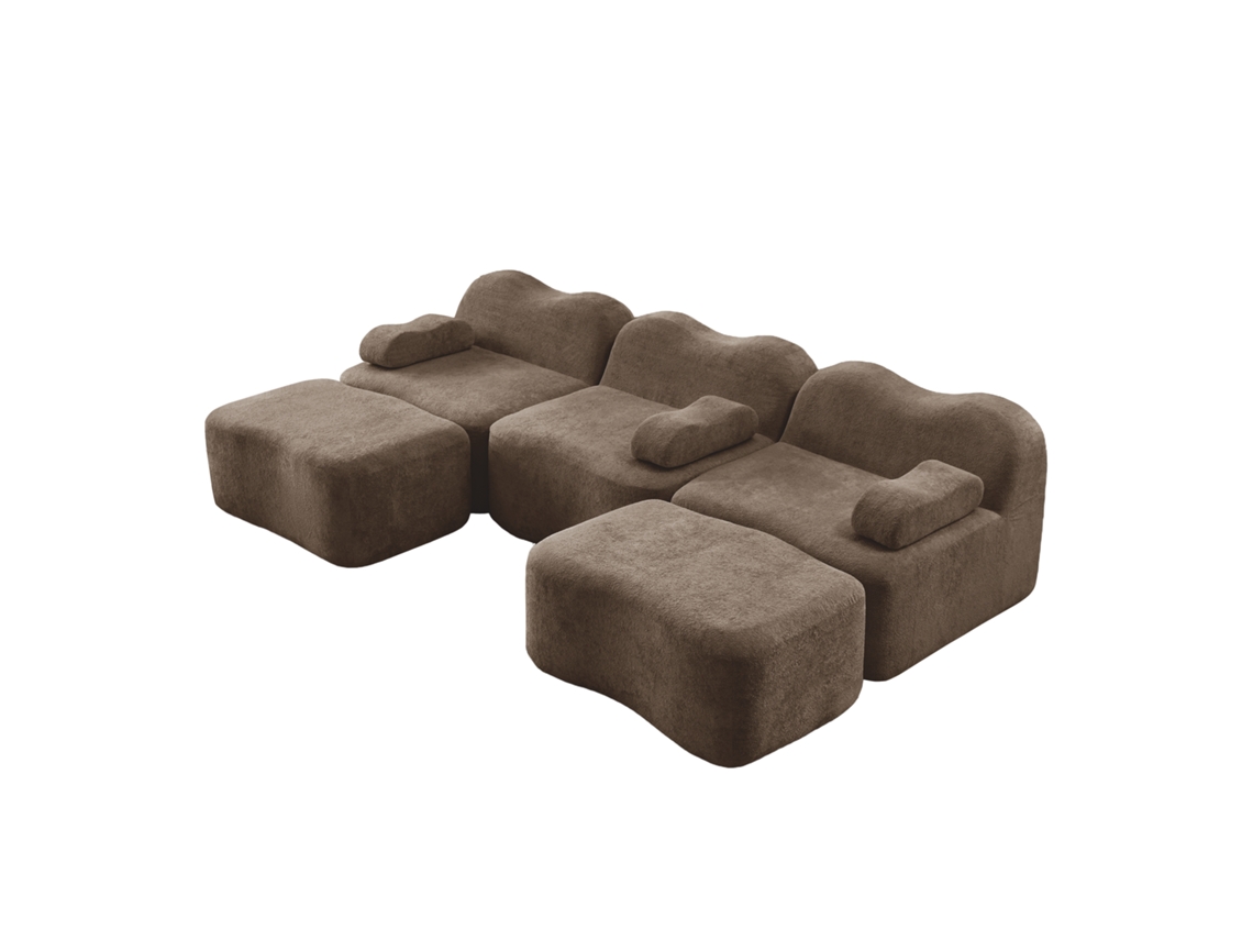 Sofá Modular Boneless 3 Lugares U-forma Com 2 Puffes, Espuma Densa 32d, Assento Profundo, Almofada De Braço Móvel, Marrom