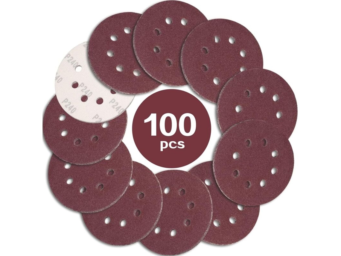 100 peças de lixa de 125 mm, grão 240, lixa de 8 furos, perfeita para lixar/polir para lixamento excêntrico