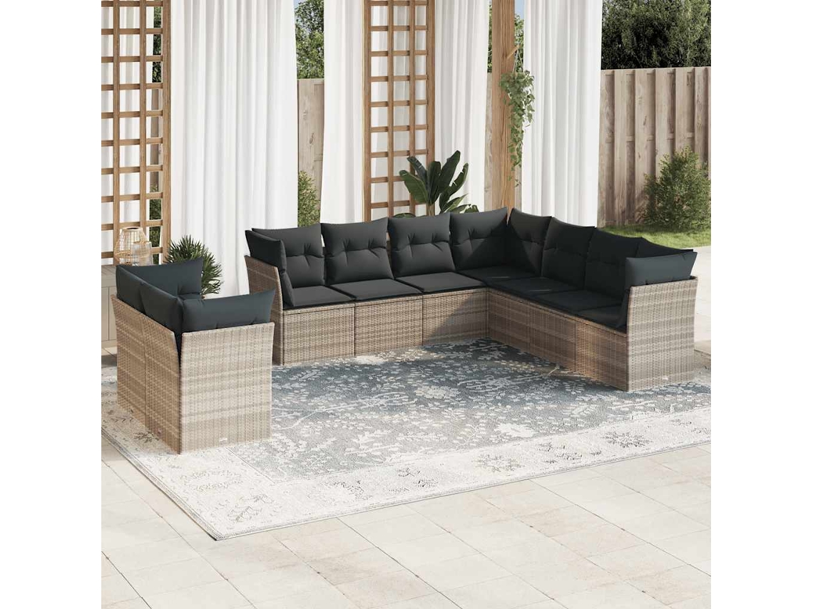 Vidaxl 9 Pcs Conj. Sofás Jardim Com Almofadões Vime Pe Cinzento-claro
