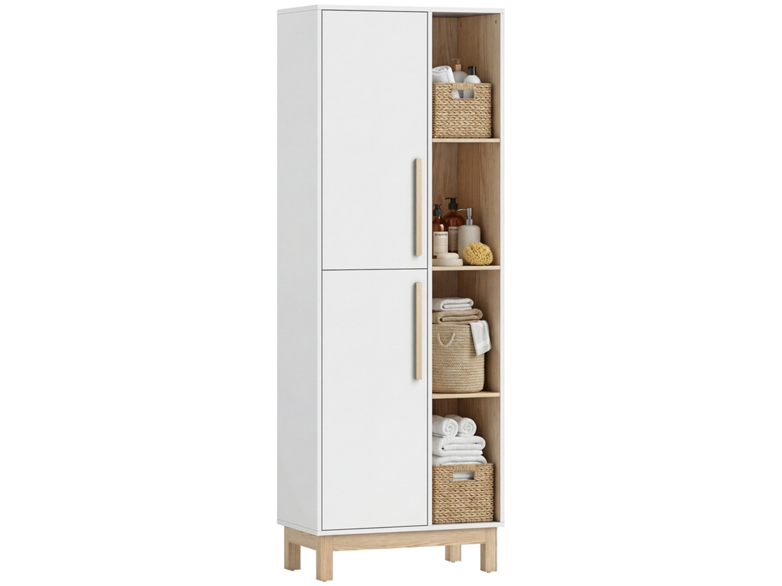 Estante De 176 Cm, 4 Prateleiras Abertas, 2 Armários, Estante Independente, Mdf, Branco