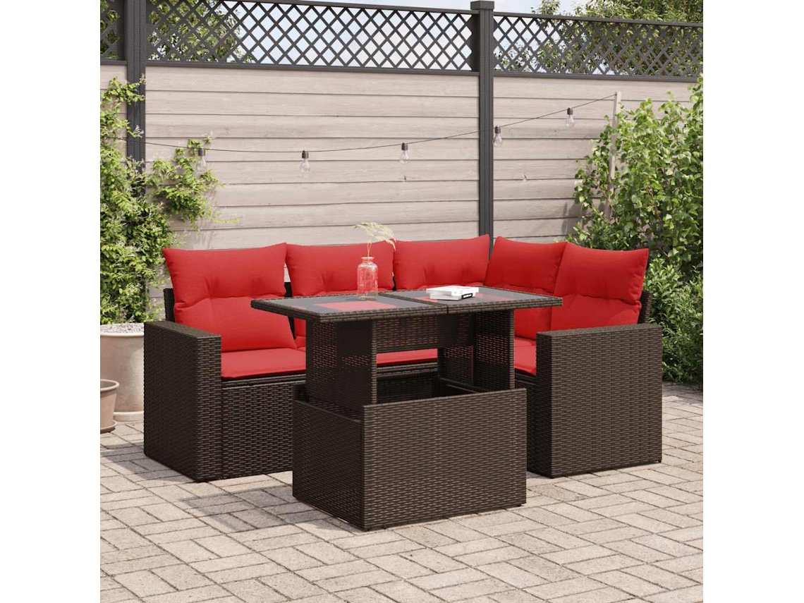 Vidaxl 5 Pcs Conj. Sofás Jardim C/ Almofadões Vime Pe/acácia Castanho