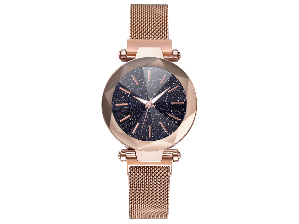 Relógio de Pulso Feminino de Quartzo com Pulseira de Malha e Botão Magnético Rose Gold