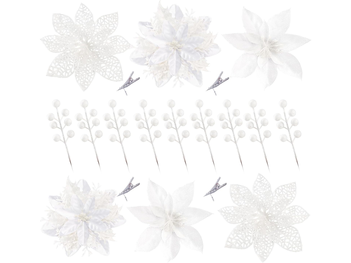 30 Poinsétias Artificiais com Glitter em 3 Estilos Diferentes, Enfeites para Árvore de Natal AQUAFORGE