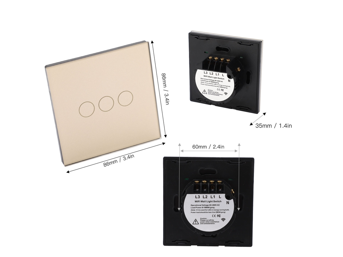 Laxiscreed Interruptor Inteligente De 3 Canais Wifi 2.4g Com Controlo Remoto E Toque
