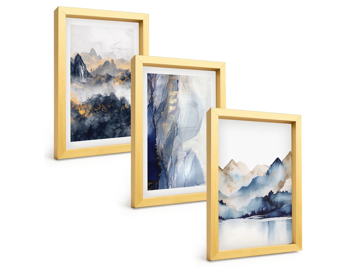 Quadros Decorativos Para Paredepaisagens De Montanha, Azul E Cinza Moldura Dourada Quadros Para O Escritório Espelharte (3 Peças 20x30 Cm)