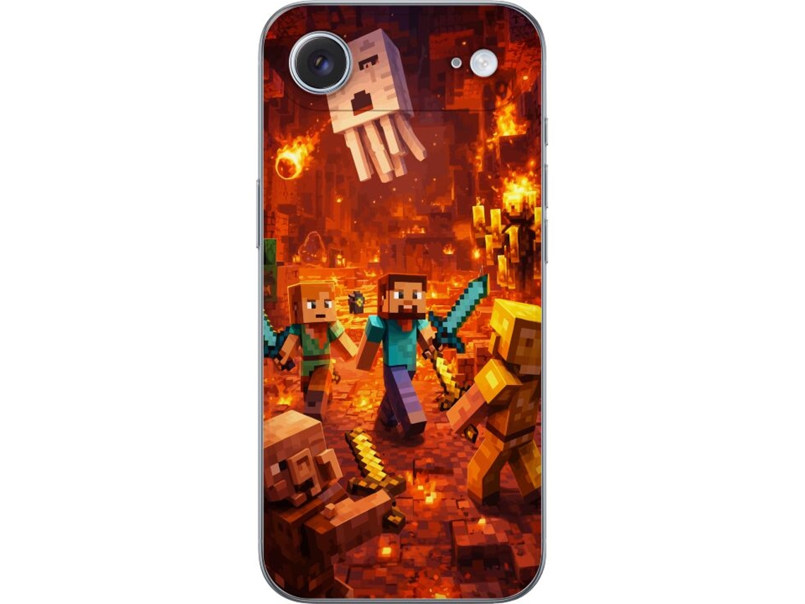 Capa Para Celular Compatível Com Apple Iphone Air. Cena De Batalha Do Jogo Block Em Uma Caverna Em Chamas Com Fantasmas Voadores E Monstros Flamejante
