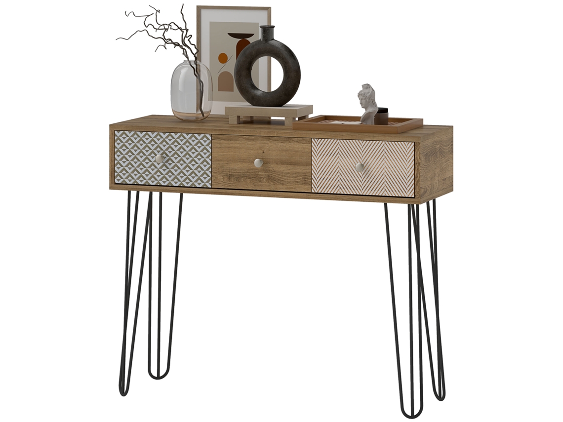 Mesa De Consola Sofá Com 3 Gavetas Com Pernas, Cor Natural, Em Aço