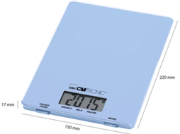 Balança de Cozinha CLATRONIC KW 3626 Azul (Capacidade: 5 Kg - Precisão: 1 g) — balança de cozinha azul, superfície em vidro, medições até 5 kg com intervalos de 1g, função reset para adição de peso. Botão On/Off