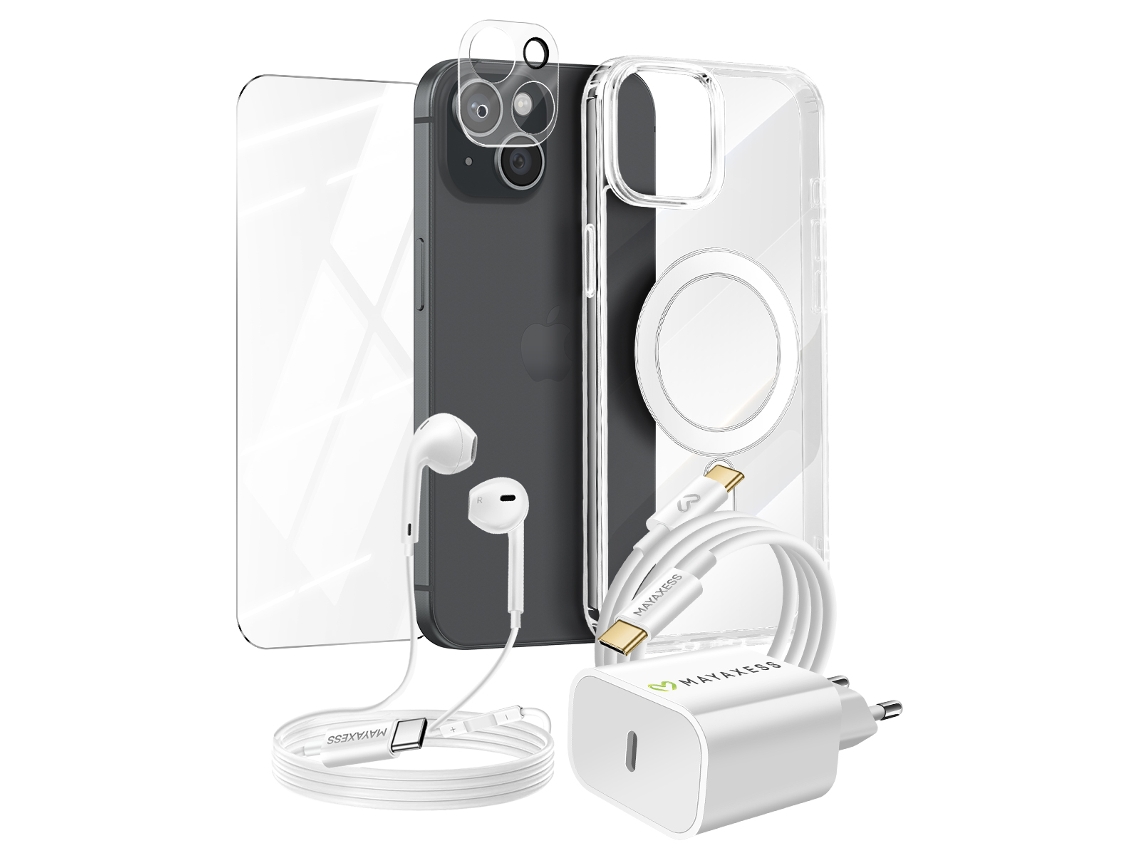 Mayaxess Coffret Iphone 15 Capa Películas Carregador 20w Cabo Usb-c Protetor De Câmera Fones De Ouvido Transparente
