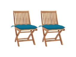 Vidaxl Conjunto De 2 Cadeiras Dobráveis Com Almofadas Azul-claras Em Madeira Maciça De Teca.