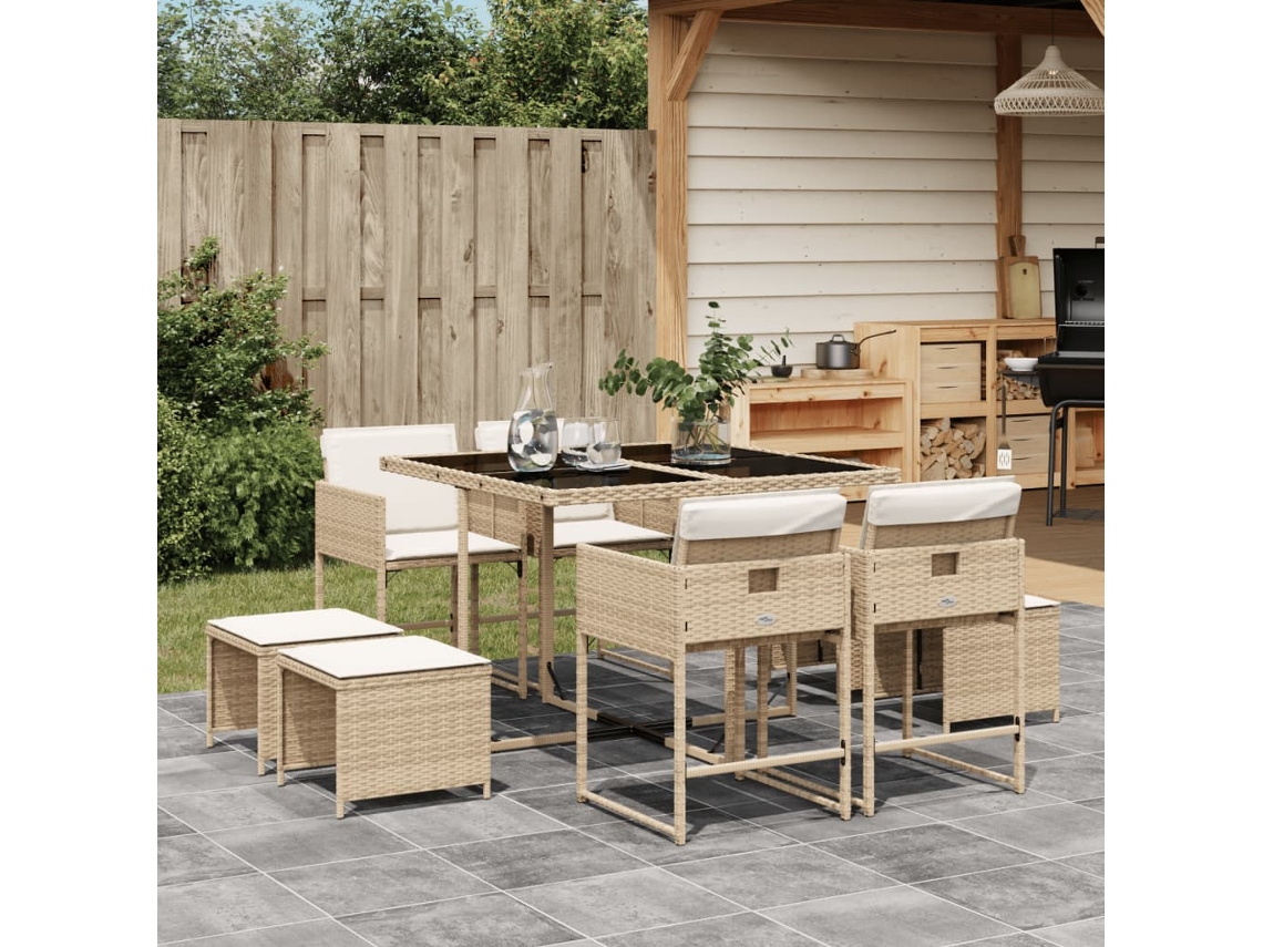 9 Pcs Conjunto De Jantar P/ Jardim Com Almofadões Vime Pe Bege Dkd Home Decor