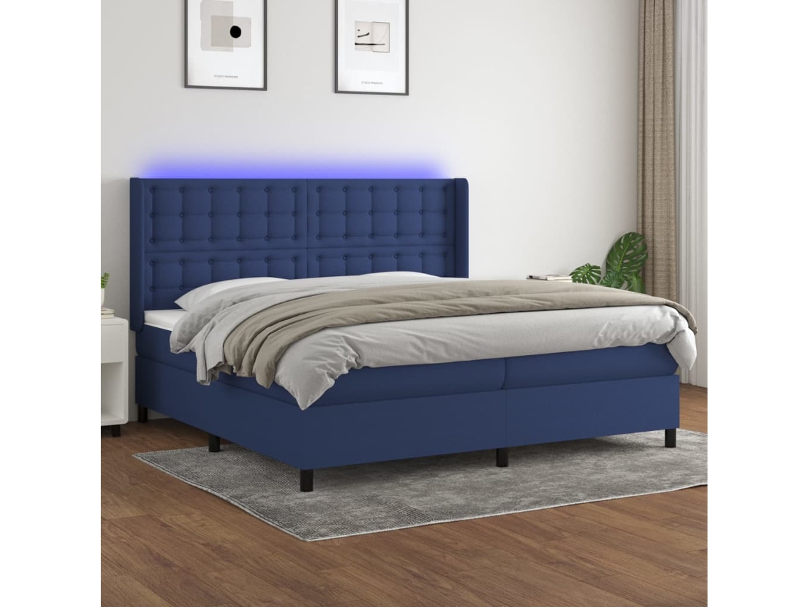 Vidaxl Cama Box Spring C/ Colchão E Led 200x200 Cm Tecido Azul