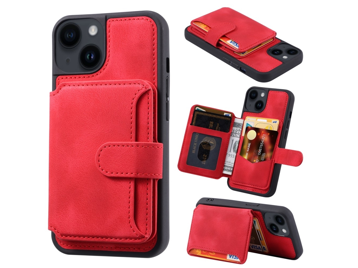 Capa Bloqueio Rfid Para Iphone 15 Plus Pele Sintética Vermelho