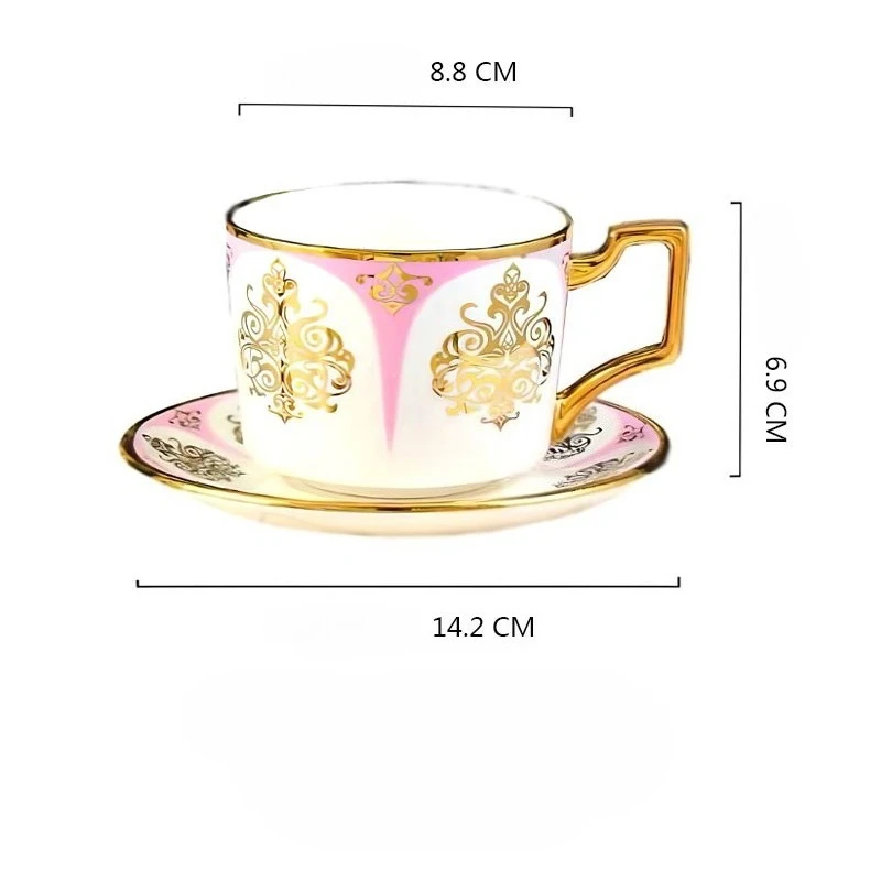 Xícara de Café de Cerâmica Criativa em Estilo Cortesão Europeu com Borda Dourada e Pires, Perfeita para o Chá da Tarde. MDUG (rosa 230ml)