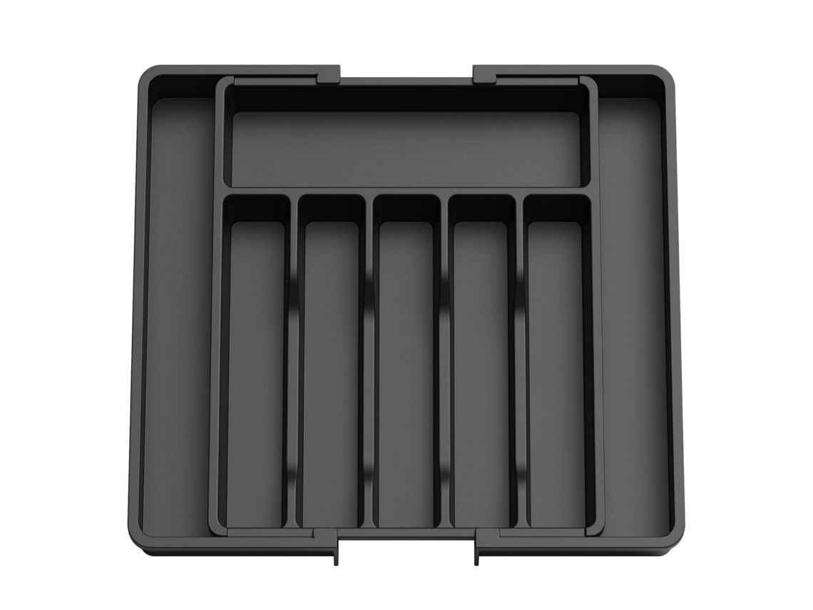 Black, Expandable Cutlery Box With Multiple Compartments.