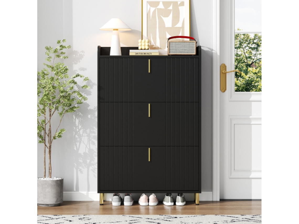 Sapateira Estreita Preta 80×23,5×123,5 Cm, 3 Portas + 6 Compartimentos Ajustáveis + Anti-tombamento, Entrada​