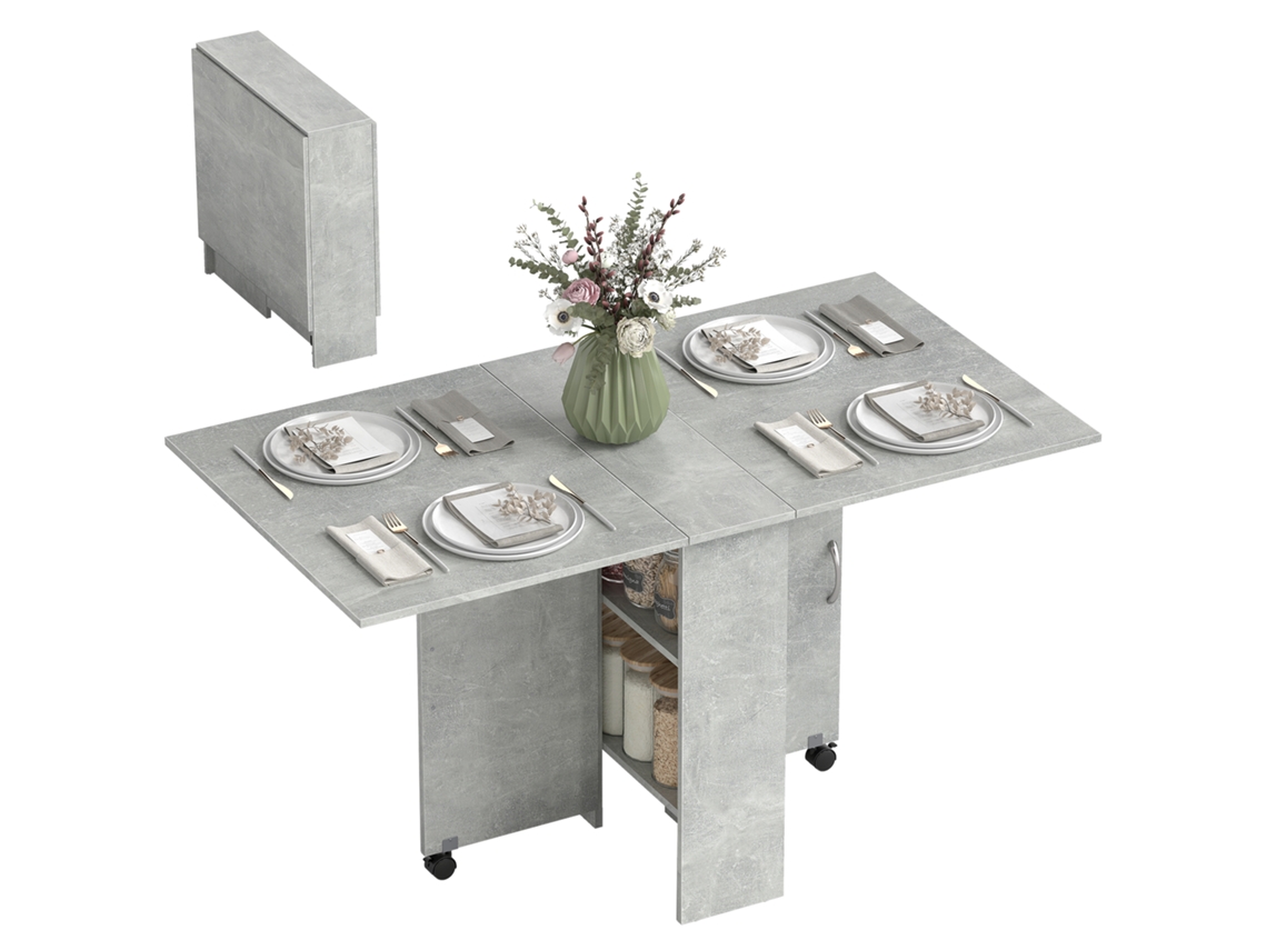 Mesa De Cimento Cozinha Dobrável Com Rodas, 2 Prateleiras Armazenamento E Asas Dobráveis, Estilo Moderno 75x140x74 Cm Cinza