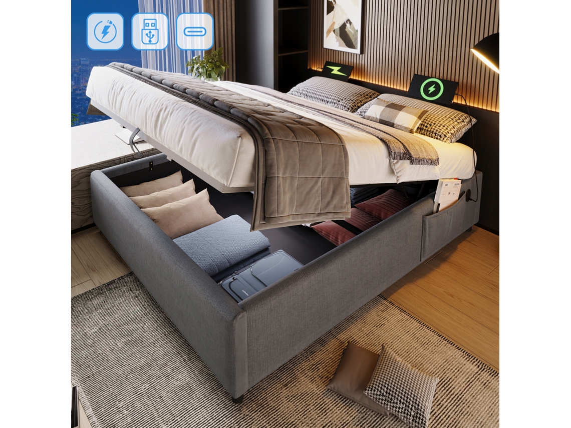 Cama Casal 140x200 Cm Sem Cabeceira Com Usb-c E Prateleira Cinza