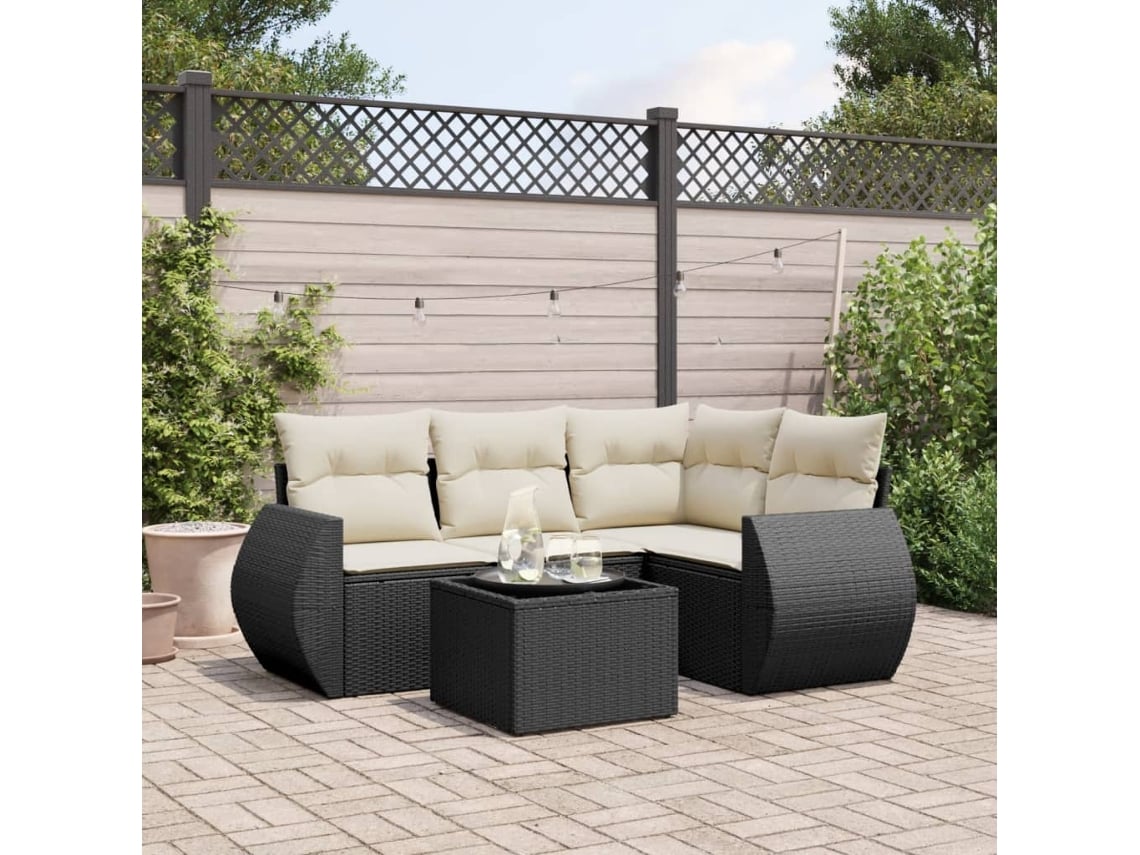 Conjunto de sofá de jardim de 5 peças com almofadas Vime Pe Black Lovely Home