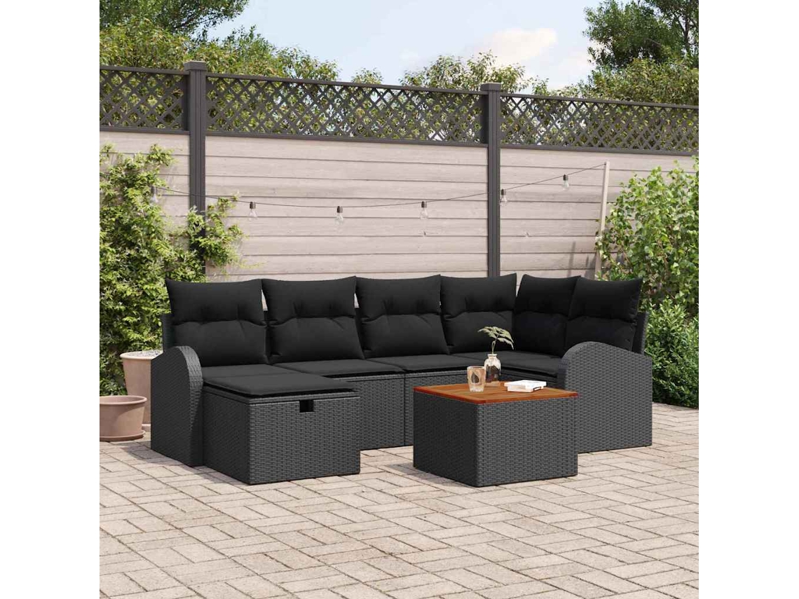 Vidaxl Conjunto De Sofá De Jardim 7 Unid. Preto Vime Pe