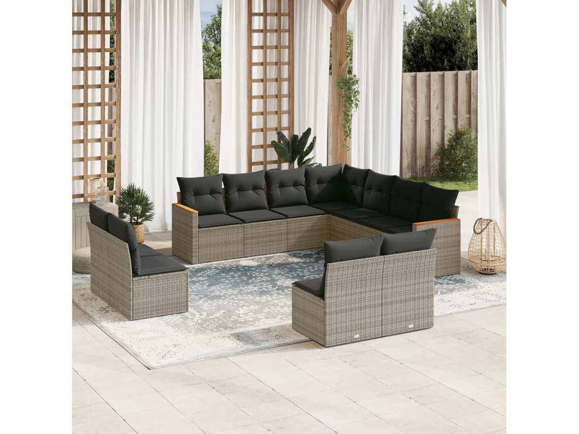 Vidaxl 11 Pcs Conjunto Sofás De Jardim C/ Almofadões Vime Pe Cinzento