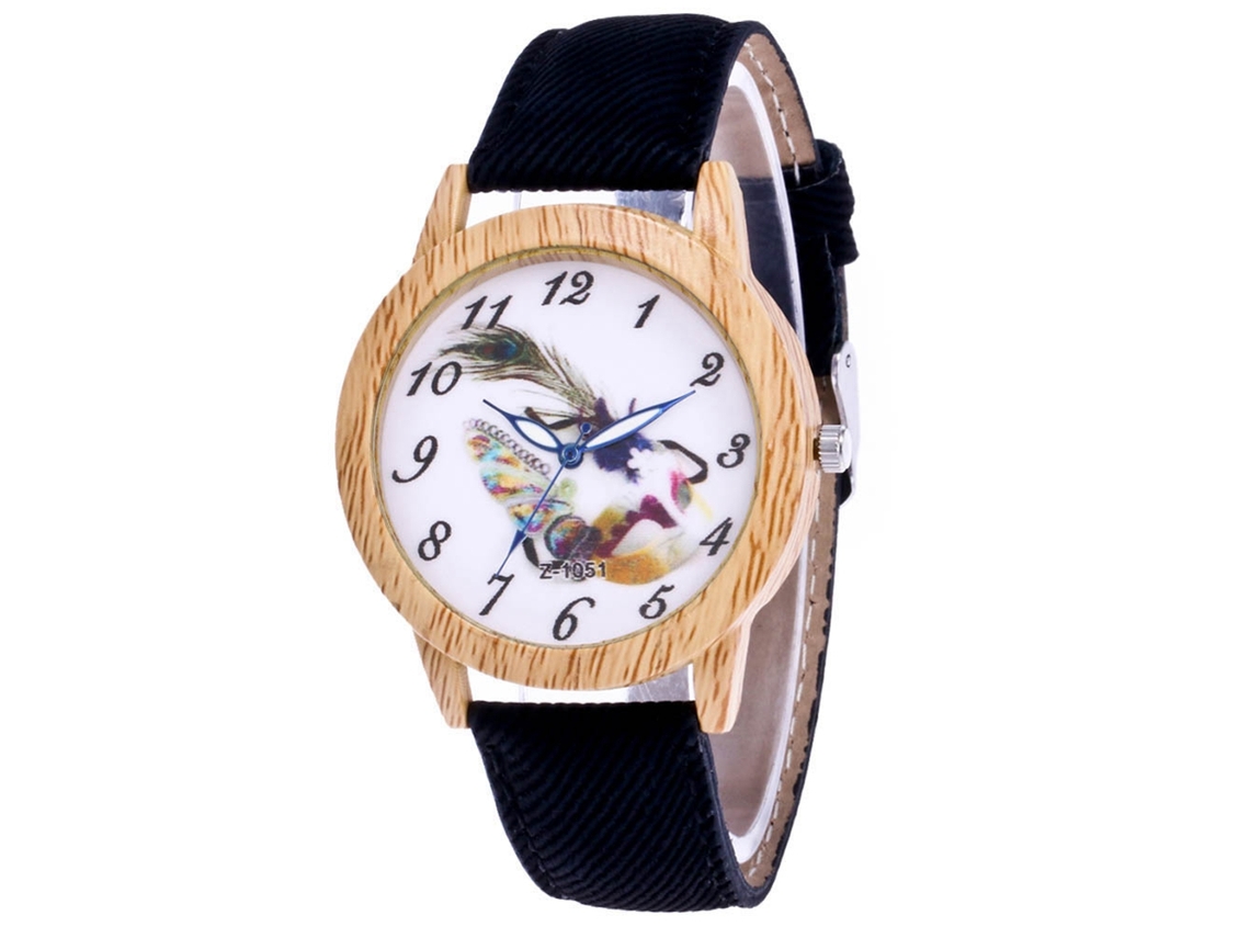 Relógio de Pulso Feminino de Quartzo com Pulseira de Jean Estilo Simples Mostrador Redondo Preto