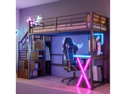 Cama 90x200cm Preto Com Led Prateleiras Escrivaninha Armário Sem Colchão