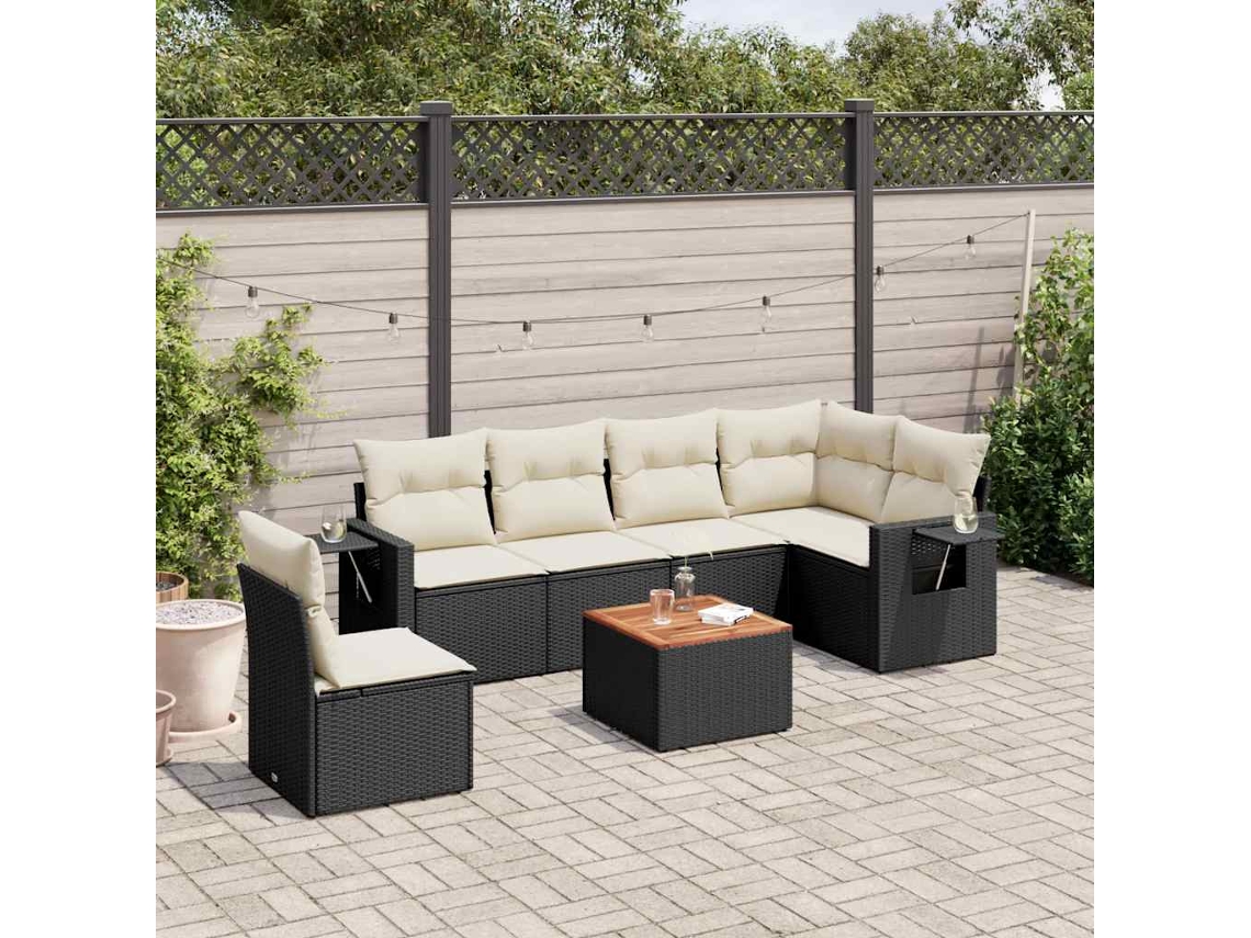 Jogo de Sofá 7 Peças P/ Jardim C/ Almofadões Vime Pe Preto Dkd Home Decor