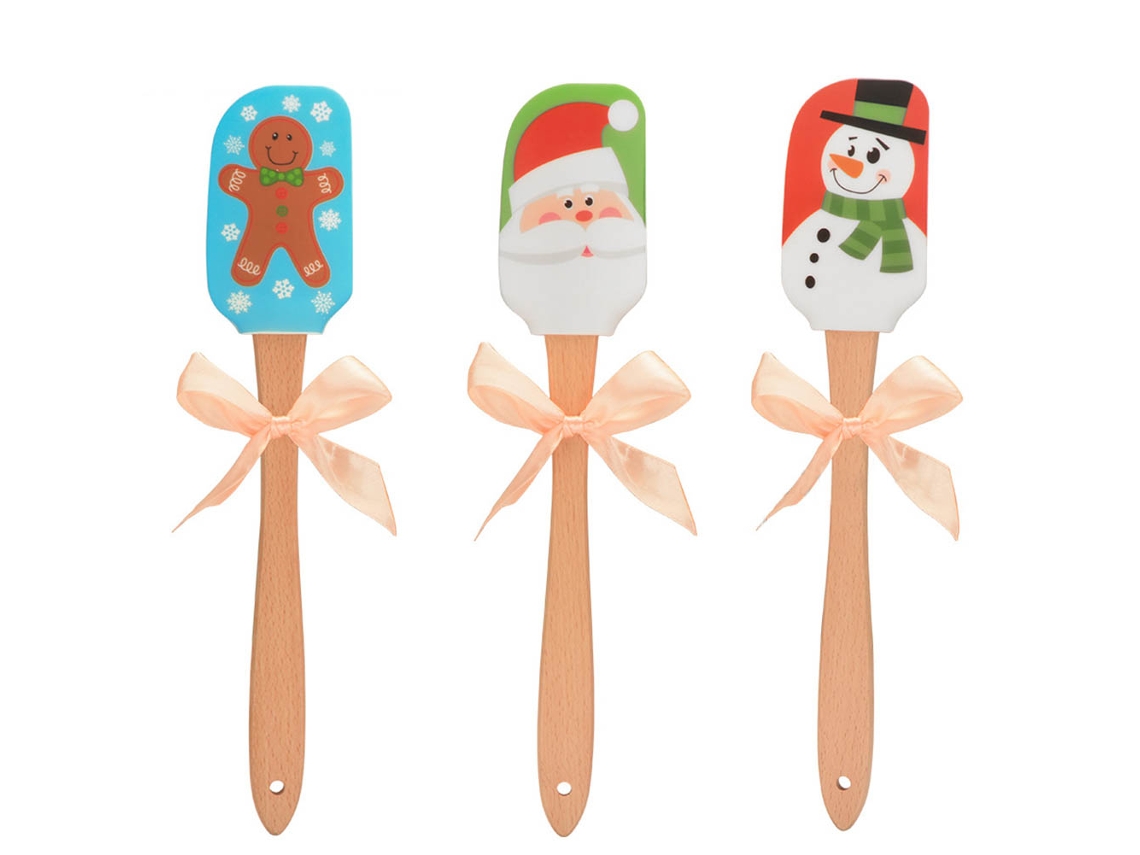 Conjunto De 3 Espátulas De Silicone Christmas Laxiscreed Com Cabos De Madeira E Design De Boneco De Neve, Gingerbread E Pai Natal