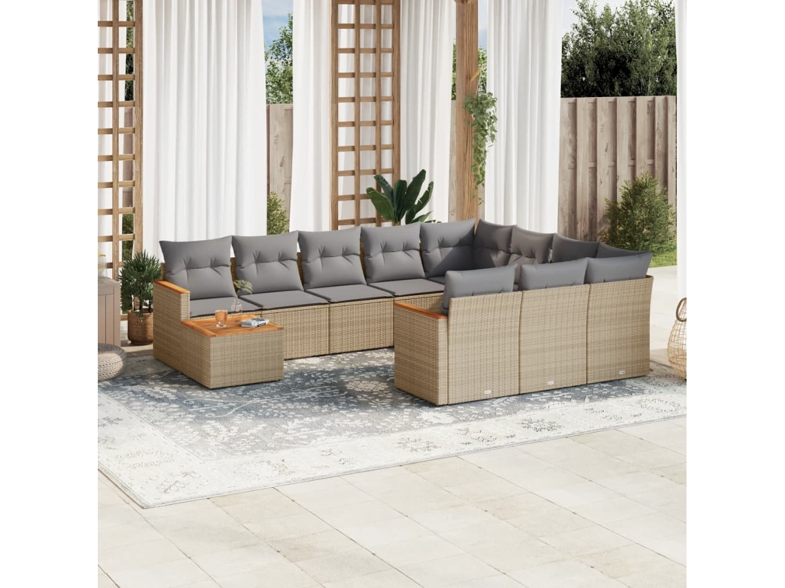 11 Pcs Conj. Sofás Jardim C/ Almofadões Vime Pe Bege Misturado Dkd Home Decor