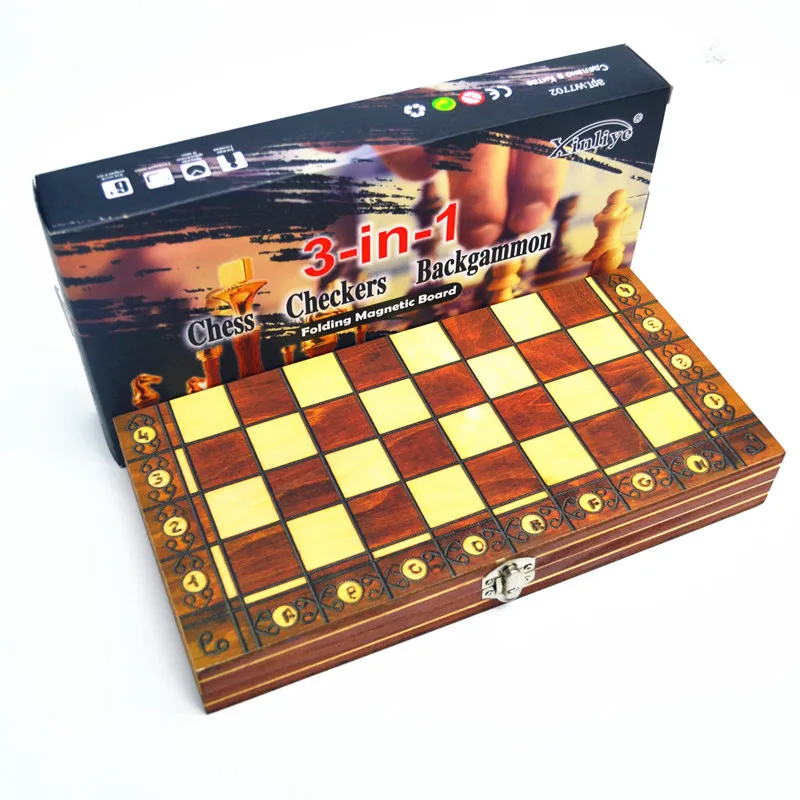 Tabuleiro De Xadrez Portátil Dobrável De Madeira (34 Cm) (para Jogar Xadrez, Damas E Gamão)