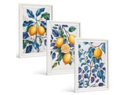Conjunto De Pinturas Limões, Galhos, Folhas Azuis Espelharte (3 Peças 40x60 Cm)