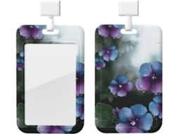 Porta-cracha com estampa floral em tons de azul, vermelho e verde, capa protetora vertical com cordão, em plástico.