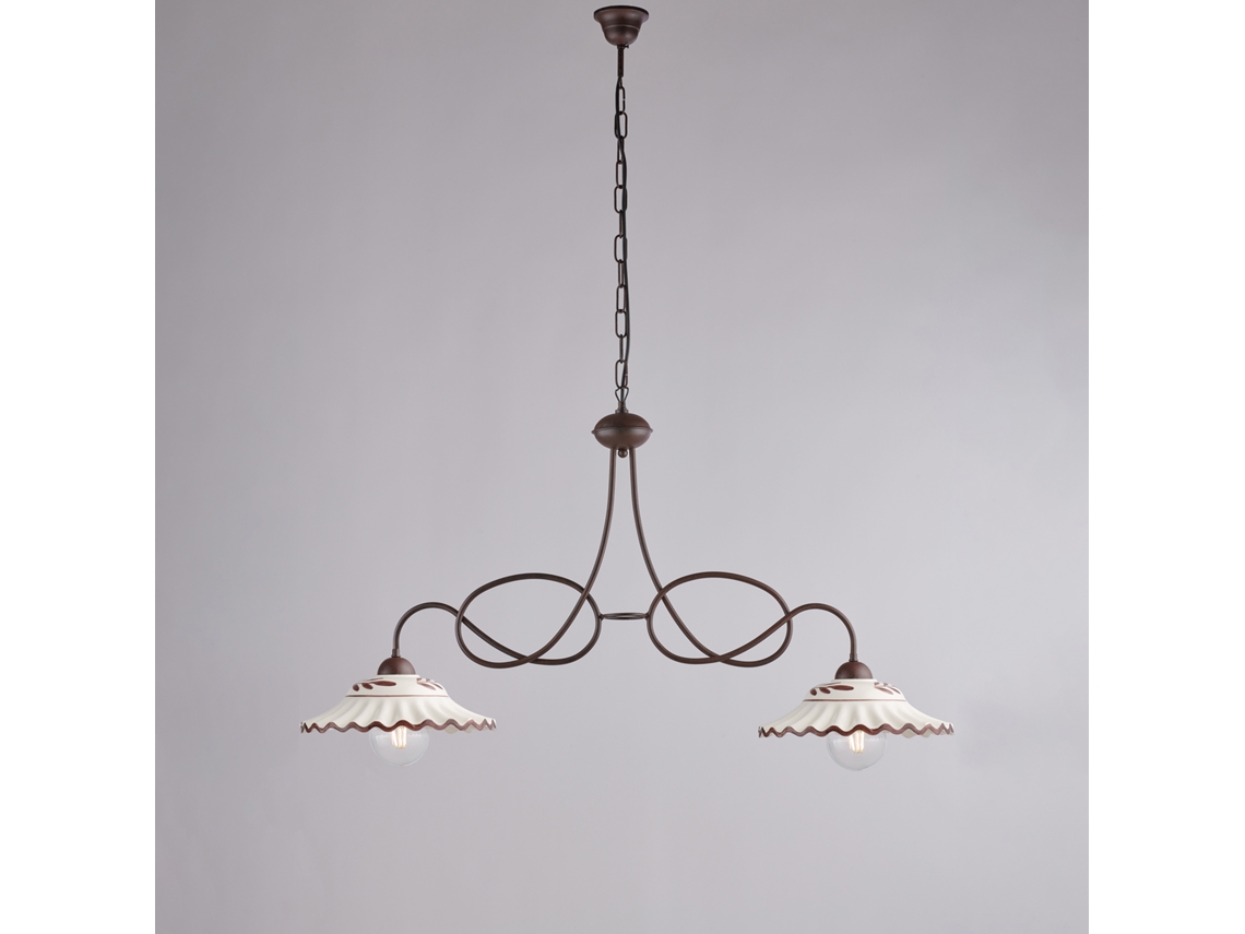 Lustre Bistrot Em Ferro Preto E Deco Efeito Ferrugem Com Difusores Cerâmicos D. 30 Branco E Marrom 2 Luzes L. 98 X 30 Belight