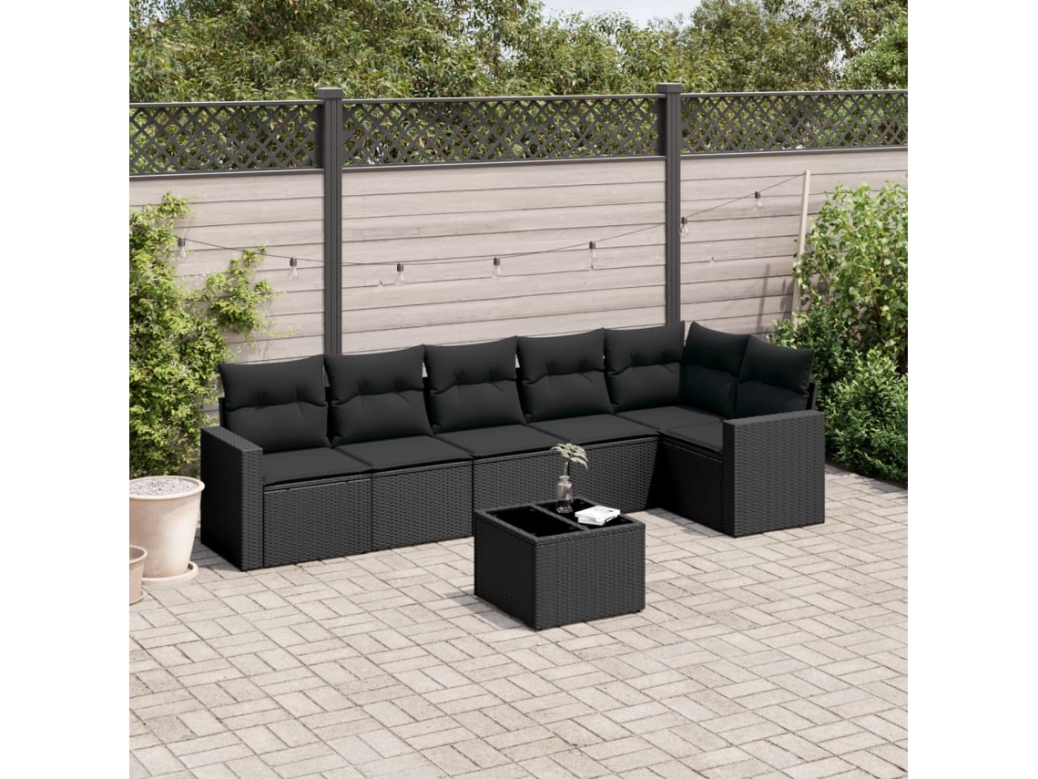 Vidaxl 7 Pcs Conjunto De Sofás P/ Jardim C/ Almofadões Vime Pe Preto