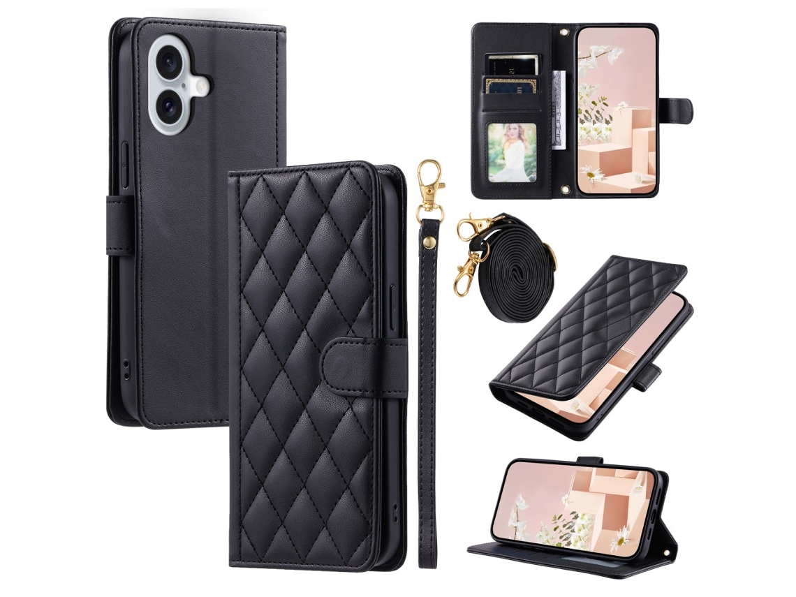 Capa Em Couro Pu Com Pega Para Apple Iphone 16 - Preto