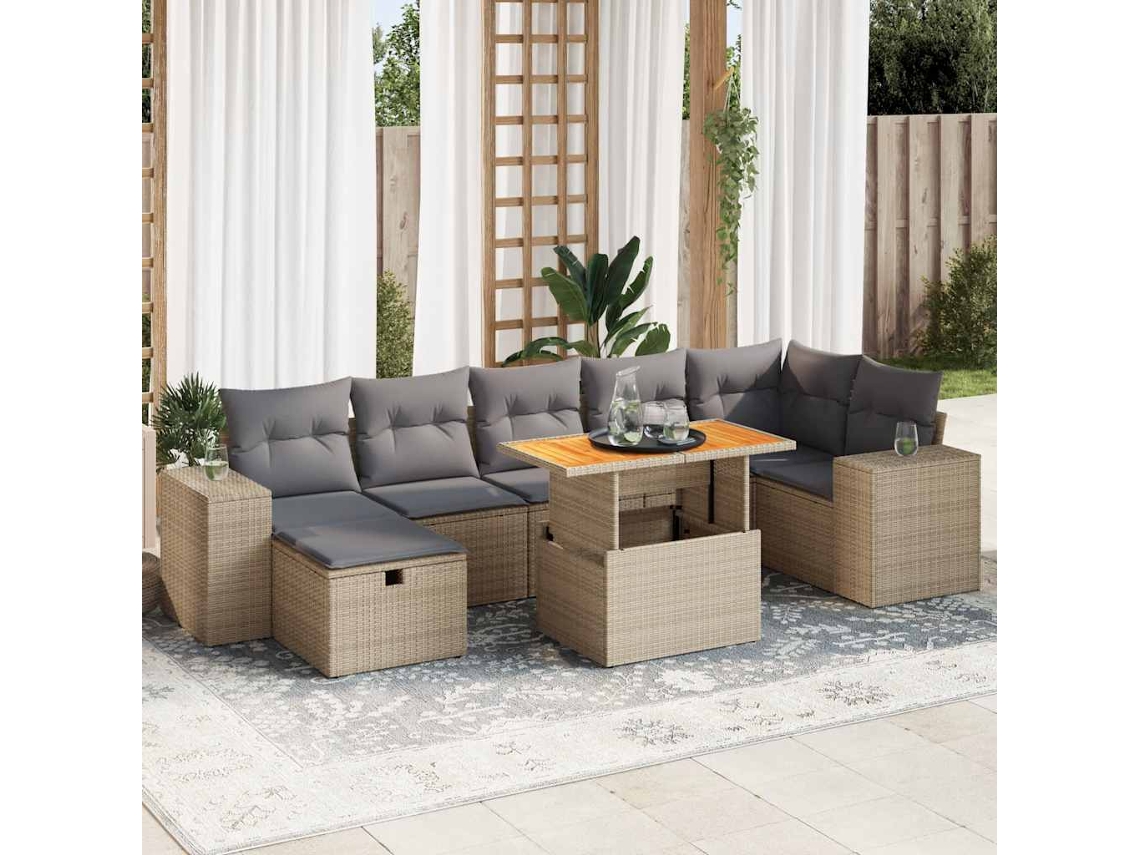 Vidaxl 5 Pcs Conj. Sofás P/ Jardim C/ Almofadões Vime Pe/acácia Bege