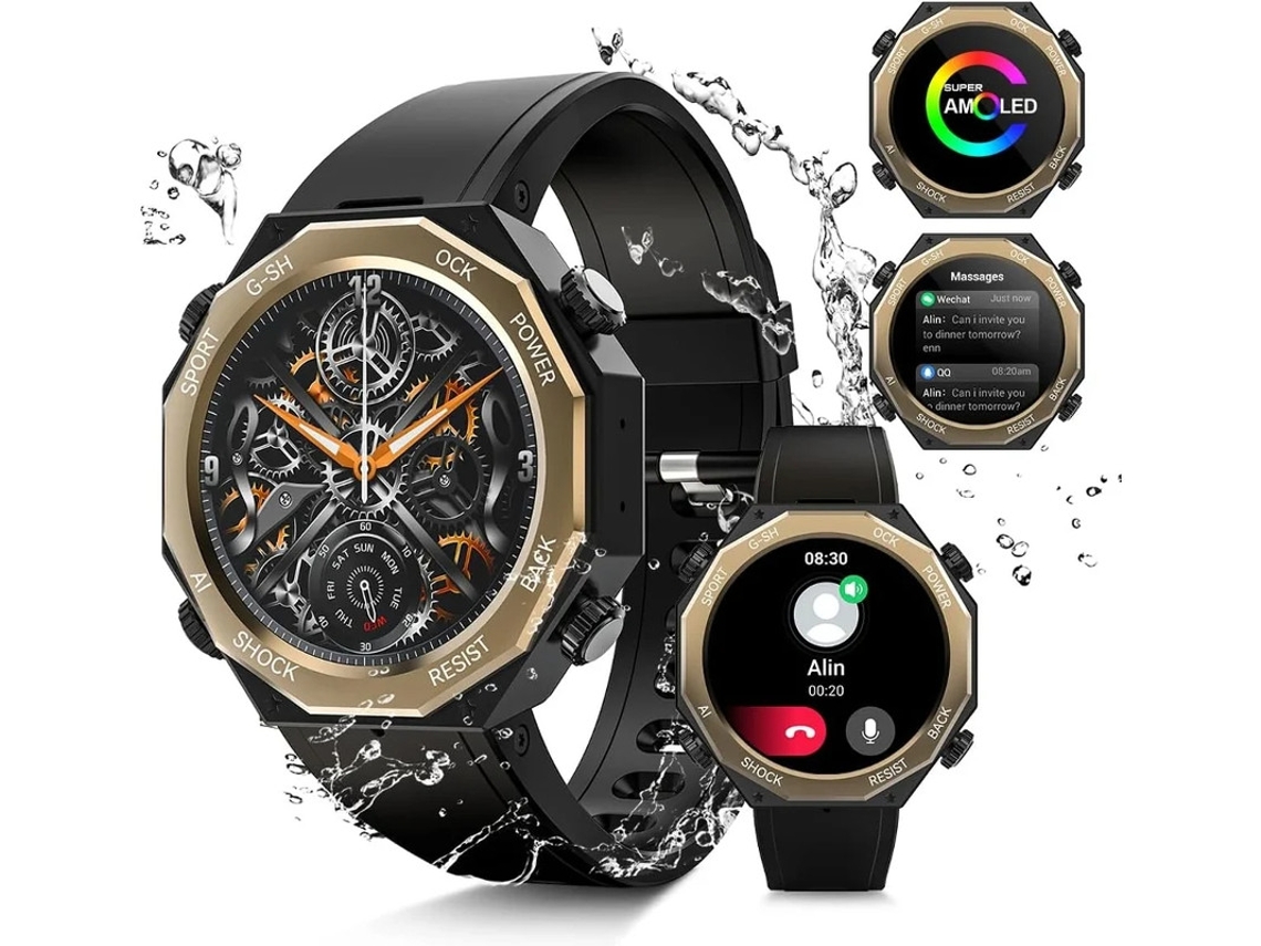 Smartwatch masculino com tela AMOLED de 1,45", resistente à água até 100 m e rastreador fitness, ideal para uso ao ar livre. Bestvite