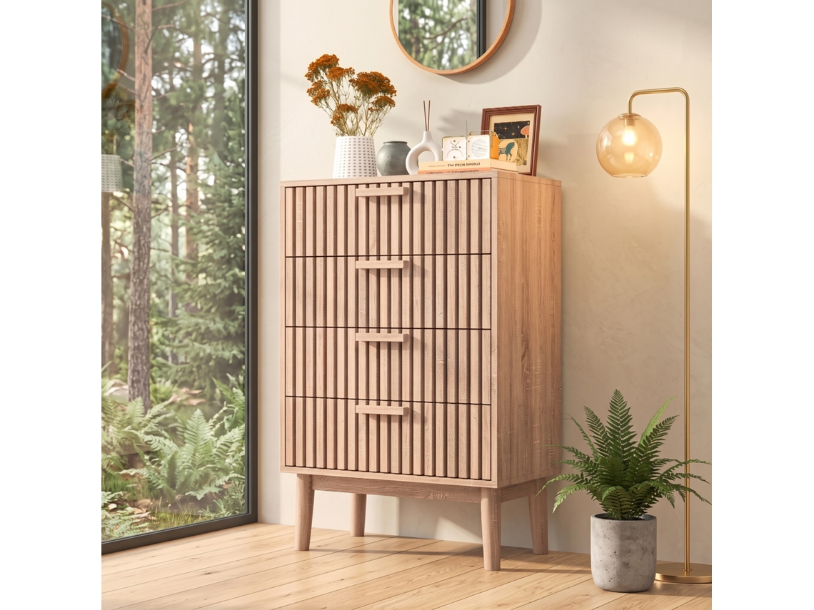 Armário De Armazenamento Com Quatro Gavetas De Madeira E Pés, Moderna Cómoda Organização Para Sala De Estar Ou Quarto, Carvalho 34x60x91 Cm