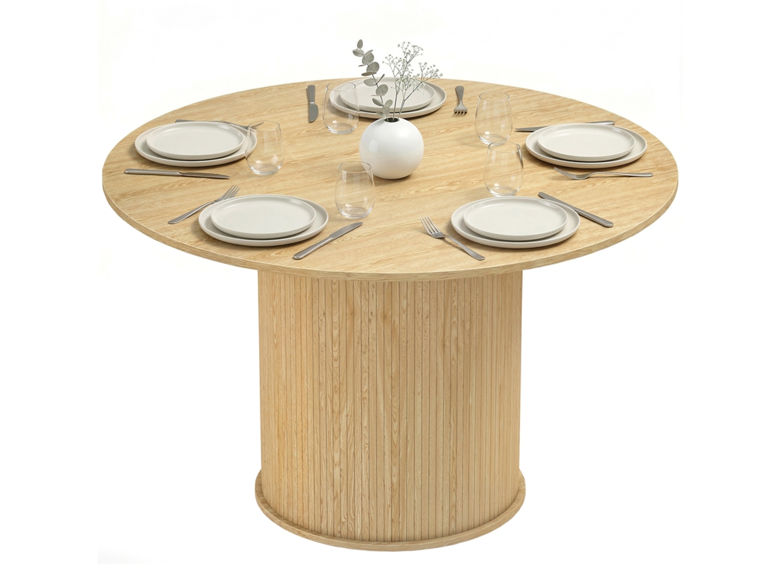 Mesa de Jantar Redonda Ø120x75cm com Base Cilíndrica Canelada, Madeira Natural, 5 Lugares | S/MARCA