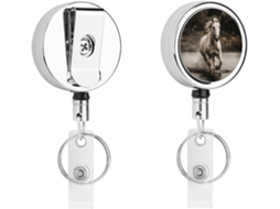 Suporte metálico para crachá com formato cavalo, retrátil, com clipes resistentes.