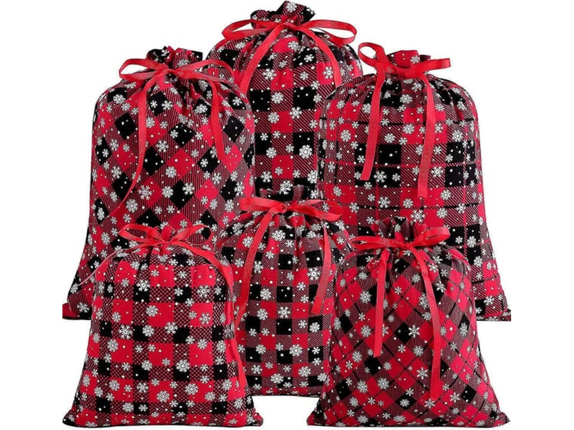 Conjunto De 6 Sacolas De Presente Natalinas Em Algodão Com Estampa Xadrez Búfalo E Flocos De Neve.