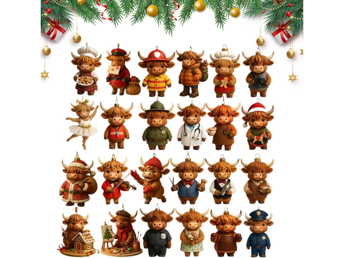 Calendário do Advento com Vaca Natalina 2025 Pingente Acrílico 2d Contagem Regressiva de 24 Dias CHABERLU