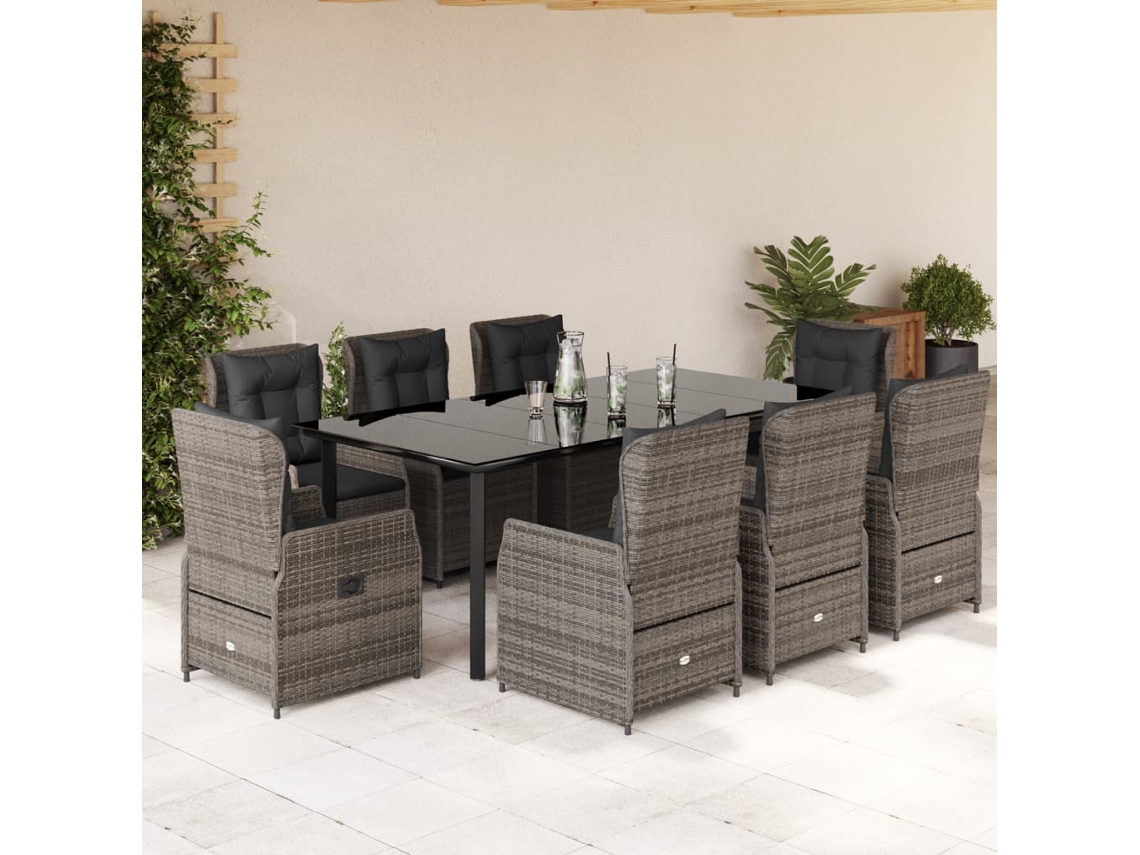 Vidaxl 9 Pcs Conjunto De Jantar P/ Jardim C/ Almofadões Vime Pe Cinza