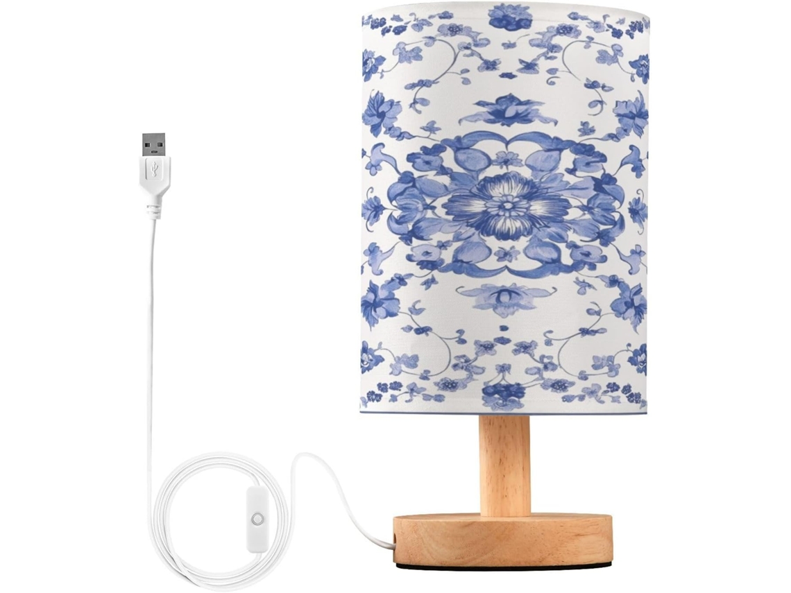 Luminária de mesa embutida em porcelana com LED, padrão floral, portas USB, ideal para leitura e como luminária de cabeceira para quarto.
