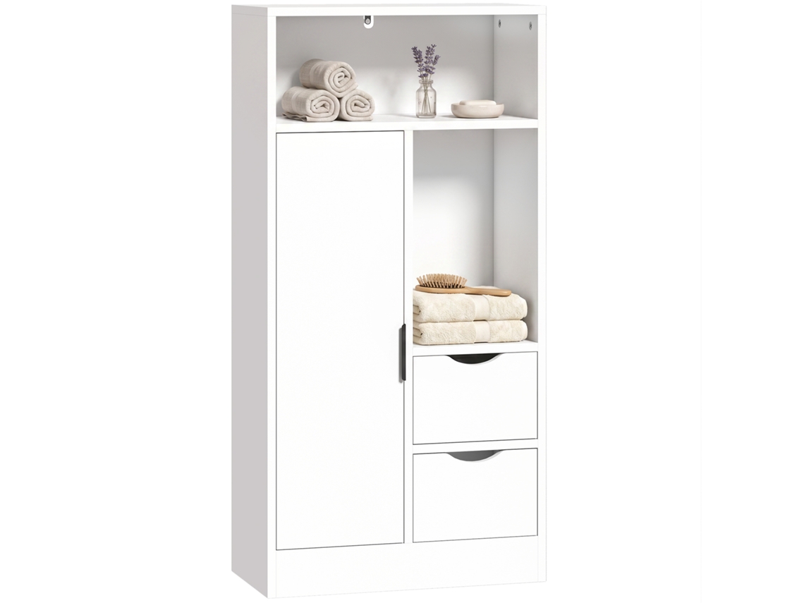 Armário De Banheiro Com 2 Gavetas, Compartimento Aberto E Prateleiras Ajustáveis Para Espaços Pequenos, 50x25x100 Cm, Branco